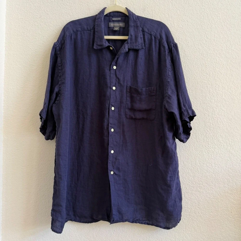 Banana Republic Mens XL Navy Blue‎ 100% Irish Linen Short Sleeve Button Up Shirt